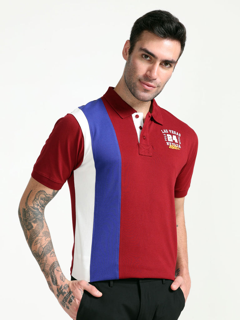 Eduard Las Vegas Design Men's Premium Cotton Lycra Brick Red With Blue and White Stripe Twentee4 Polo Shirt