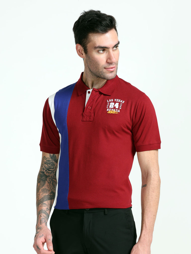 Eduard Las Vegas Design Men's Premium Cotton Lycra Brick Red With Blue and White Stripe Twentee4 Polo Shirt