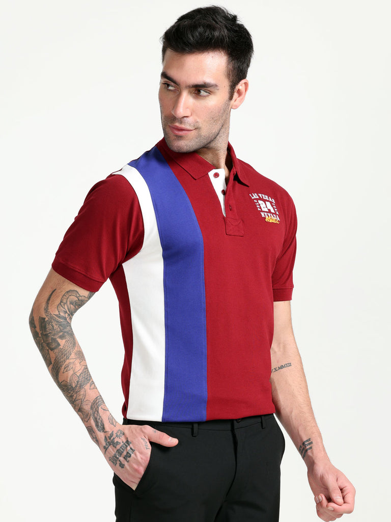 Eduard Las Vegas Design Men's Premium Cotton Lycra Brick Red With Blue and White Stripe Twentee4 Polo Shirt