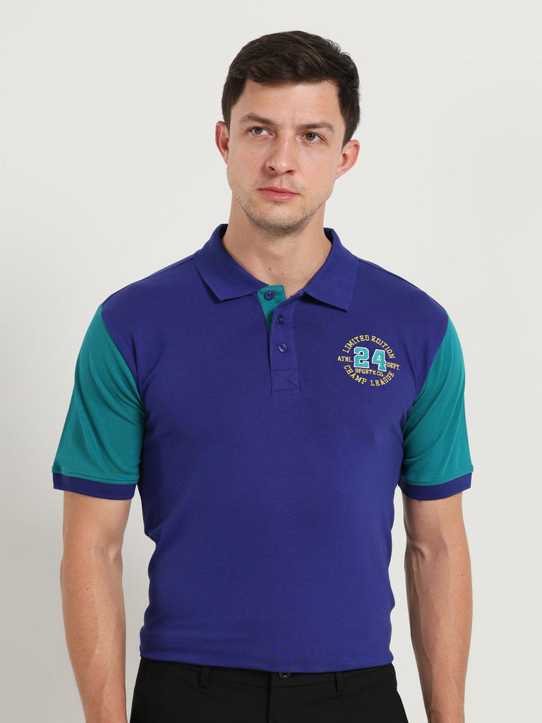 Emerson Limited Edition Design Men's Premium Cotton Lycra Clematis Blue Twentee4 Polo Shirt Half Sleeve; Soft Touch, Aur Text Breathable Fabric, Regular Fit,  Perfect for casual and office wear - Twentee 4.