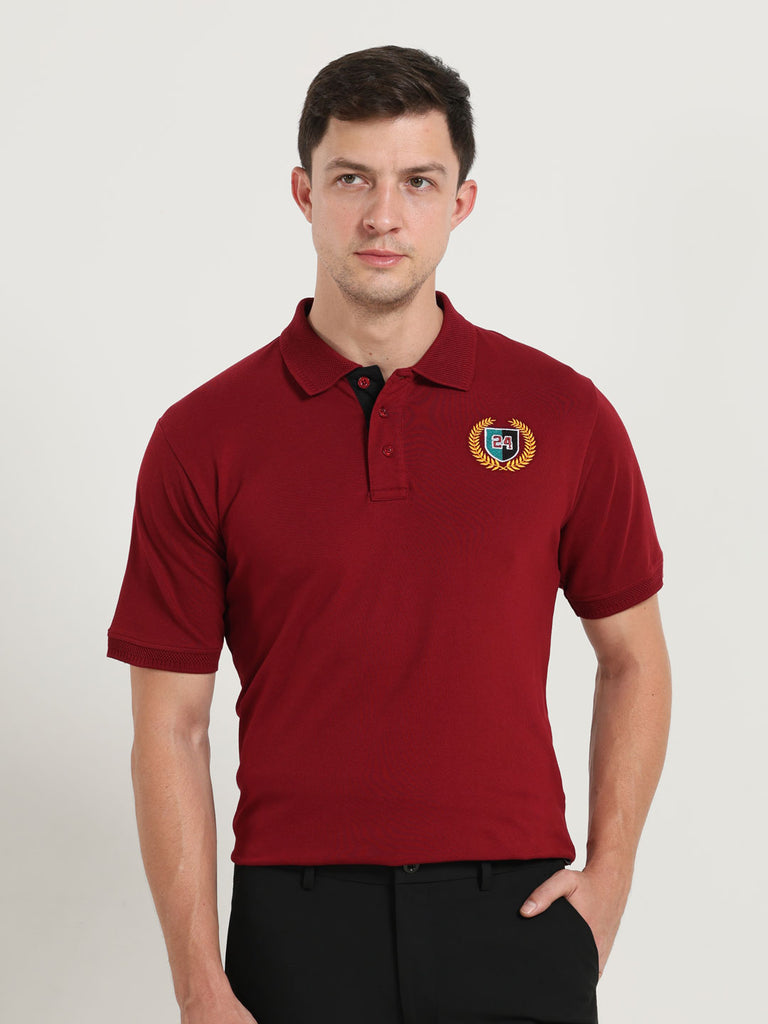 Emil 24 Design Men's Premium Cotton Lycra Brick Red Twentee4 Polo Shirt Half Sleeve; Soft Touch, Aur Text Breathable Fabric, Regular Fit,  Perfect for casual and office wear - Twentee 4.