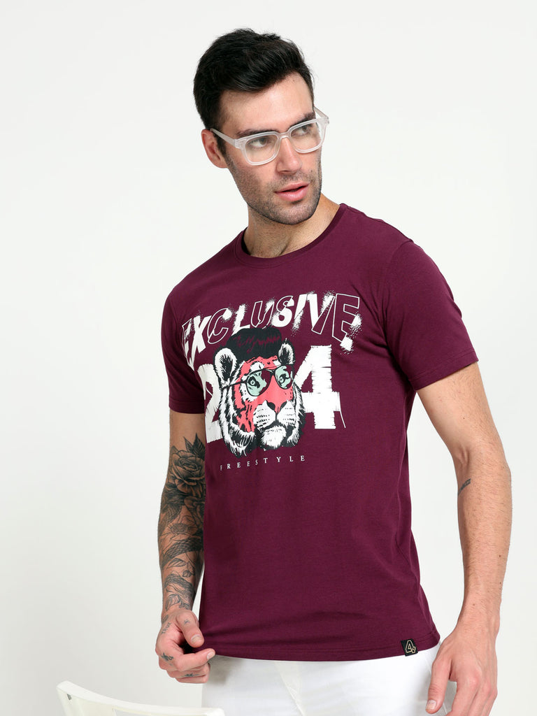 Exclusive Tiger Theme 24 Design Men's Grape Wine T-Shirt; Cotton Lycra Regular Fit