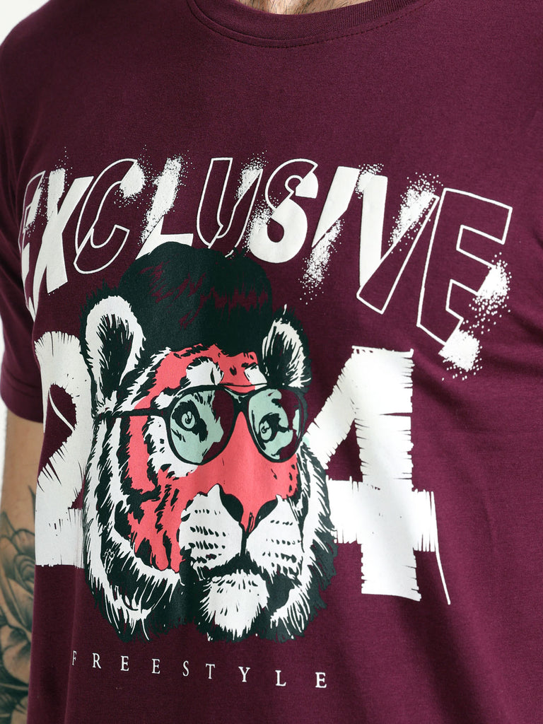 Exclusive Tiger Theme 24 Design Men's Grape Wine T-Shirt; Cotton Lycra Regular Fit