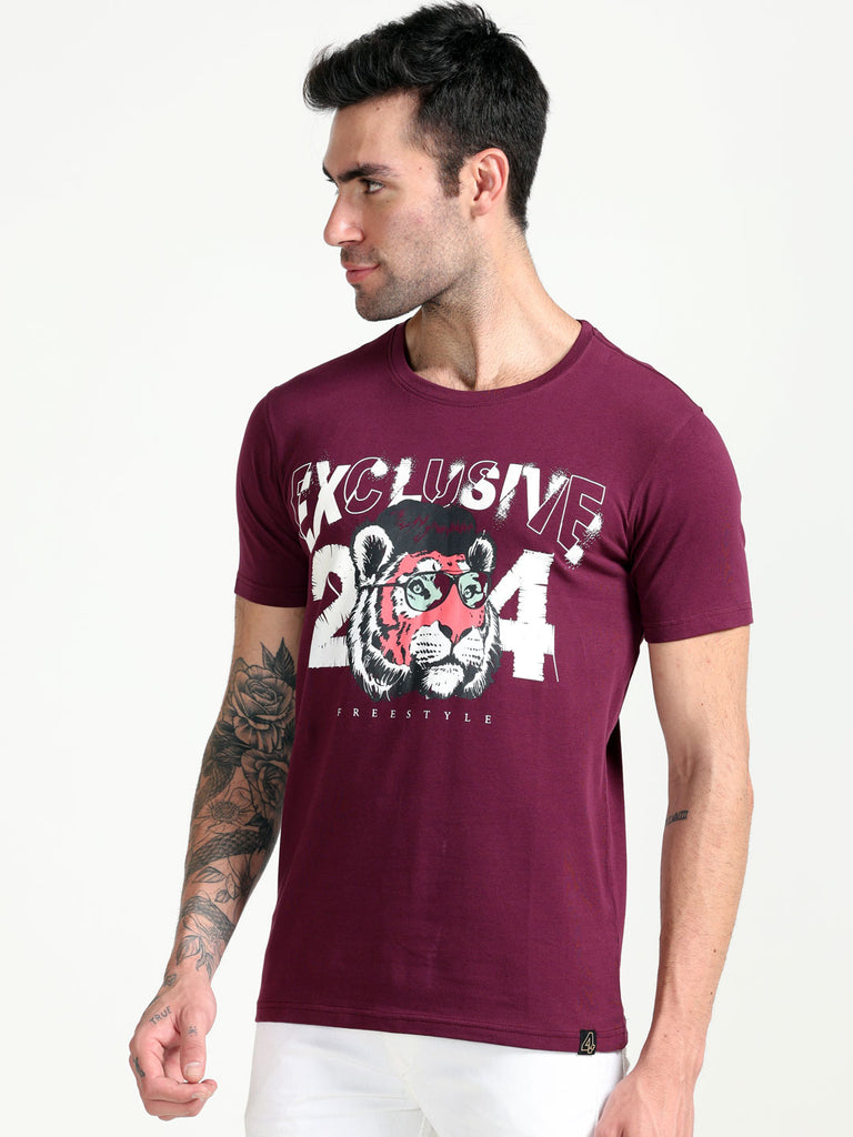 Exclusive Tiger Theme 24 Design Men's Grape Wine T-Shirt; Cotton Lycra Regular Fit