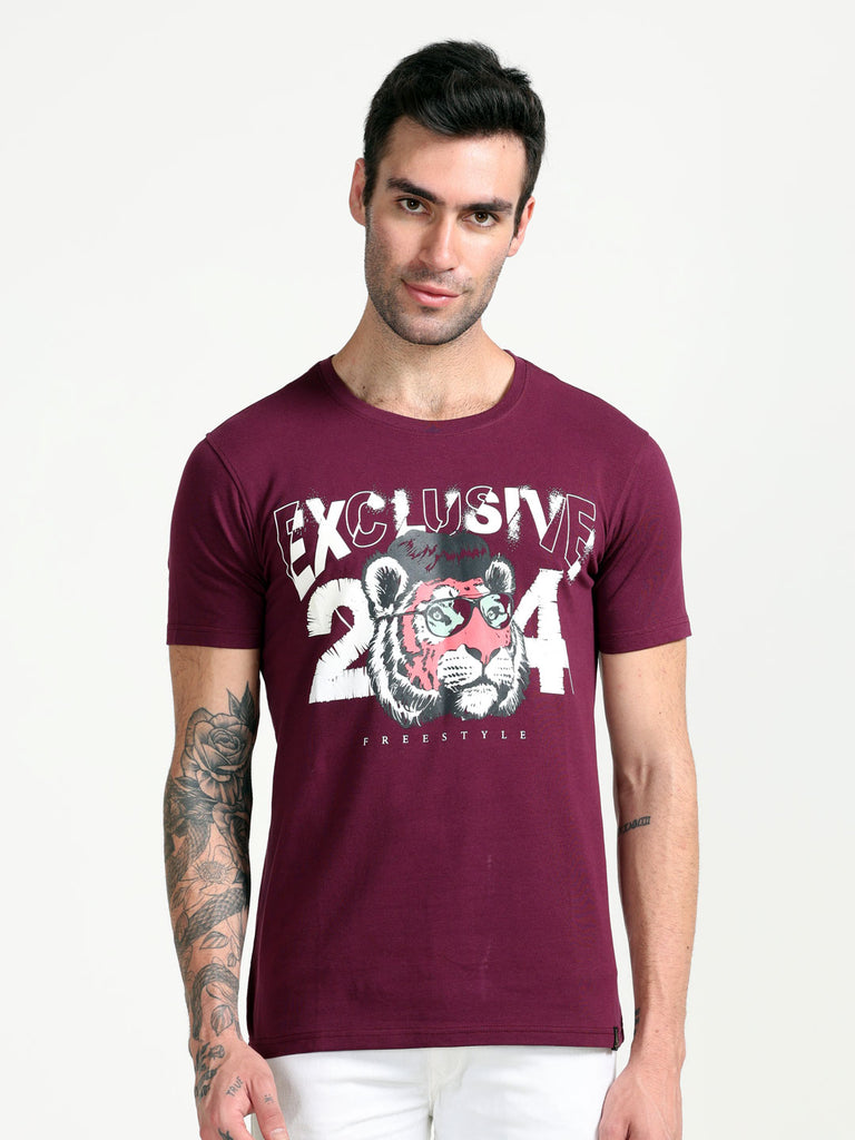 Exclusive Tiger Theme 24 Design Men's Grape Wine T-Shirt; Cotton Lycra Regular Fit