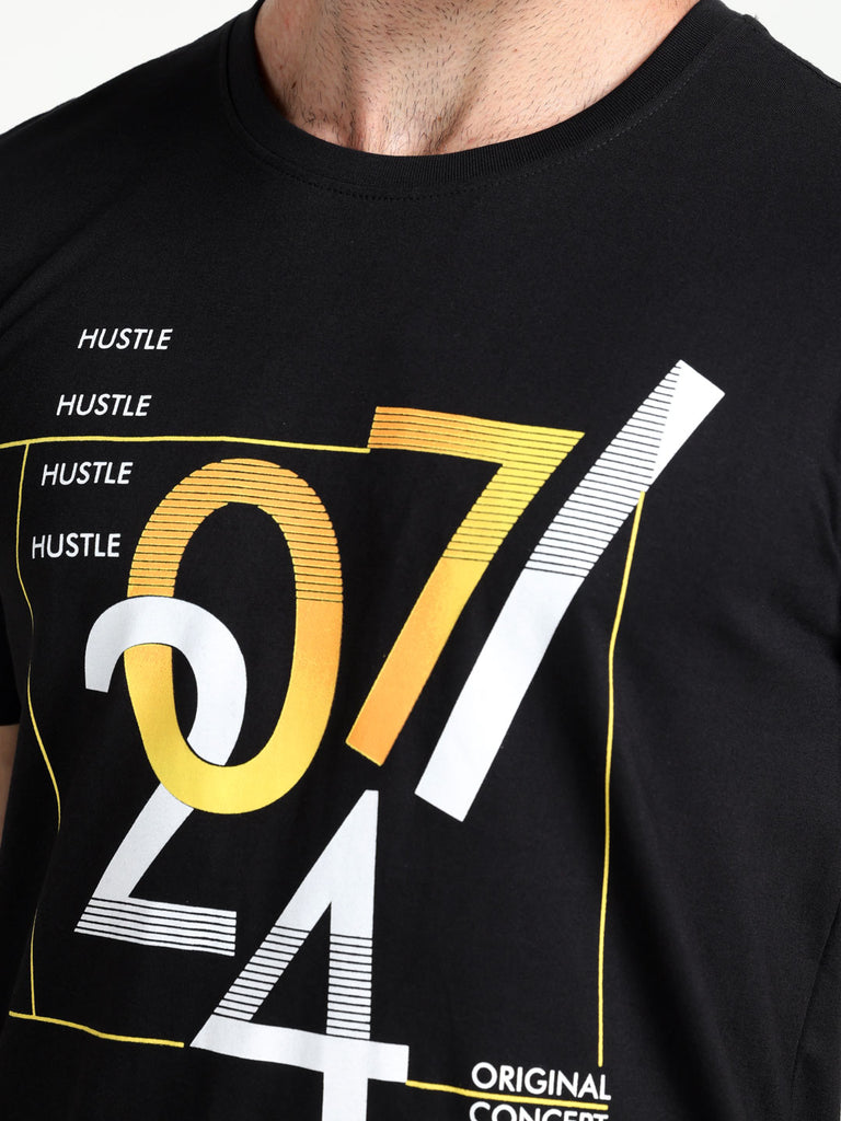 Hustle Original Concept 24 Design Men's Pure Cotton Black Twentee4 T-Shirt; Regular Fit