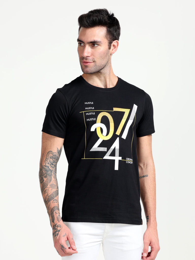 Hustle Original Concept 24 Design Men's Pure Cotton Black Twentee4 T-Shirt; Regular Fit