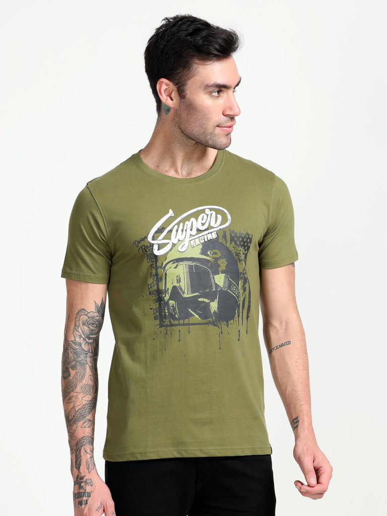 Super Racing Men's Olive Pure Cotton Twentee4 T-Shirt; Regular Fit