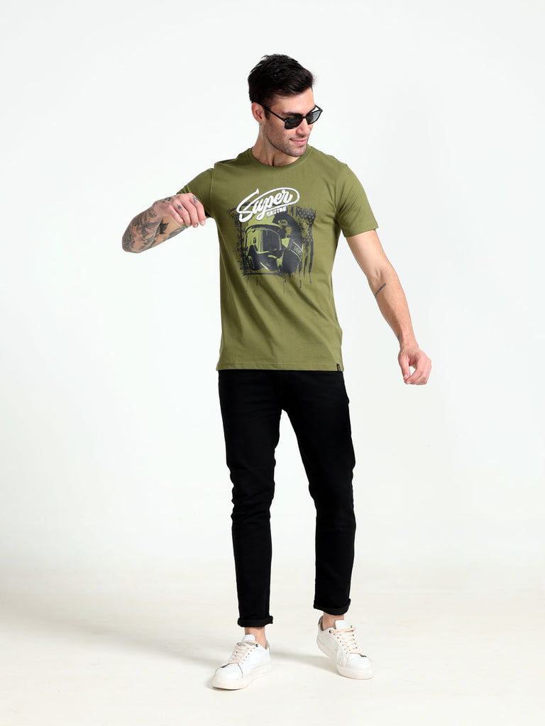 Super Racing Men's Olive Pure Cotton Twentee4 T-Shirt; Regular Fit