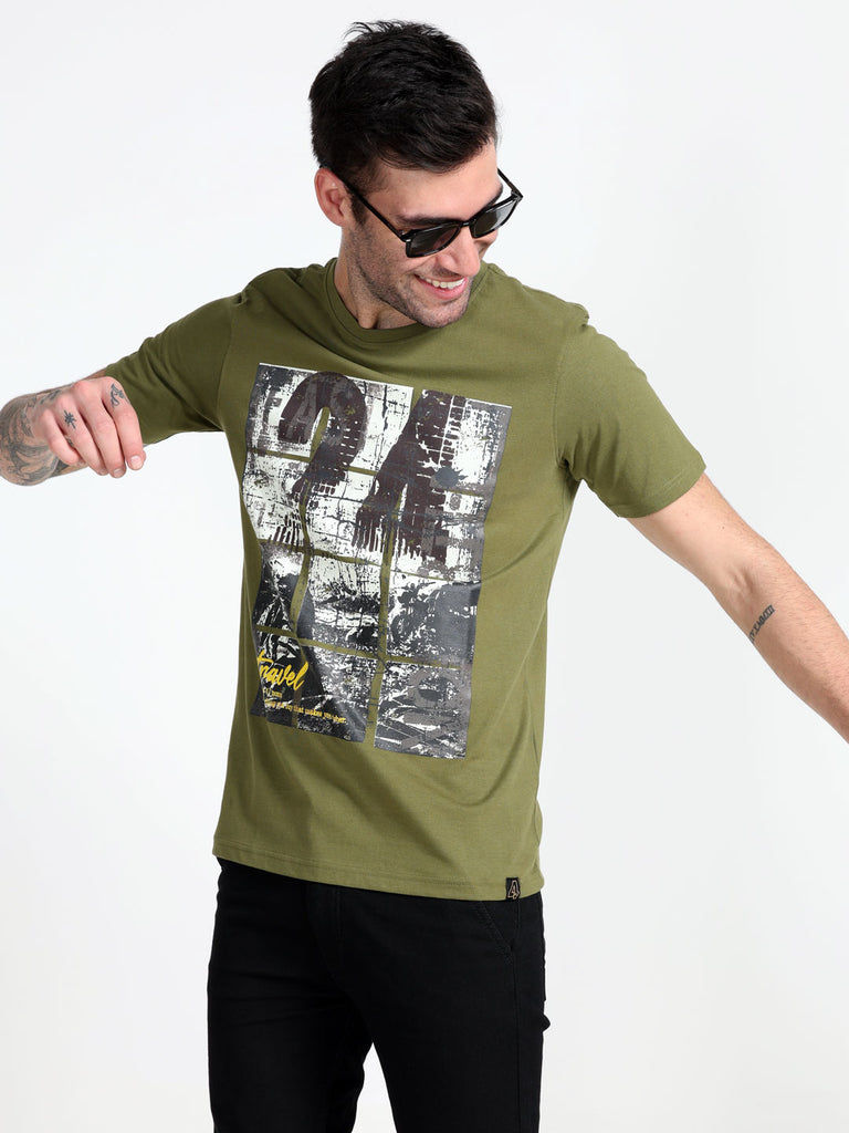 Travel Theme 24 Design Men's Olive Pure Cotton Twentee4 T-Shirt; Regular Fit