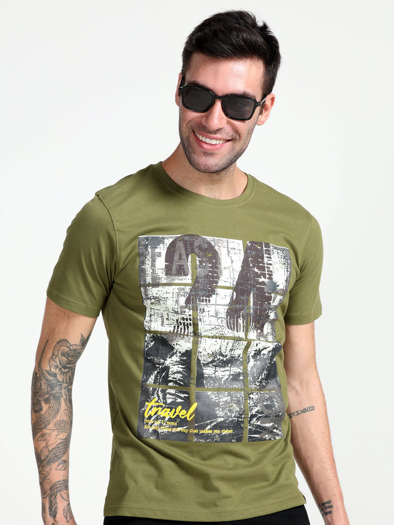 Travel Theme 24 Design Men's Olive Pure Cotton Twentee4 T-Shirt; Regular Fit