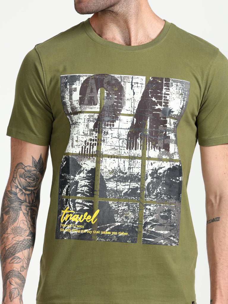 Travel Theme 24 Design Men's Olive Pure Cotton Twentee4 T-Shirt; Regular Fit