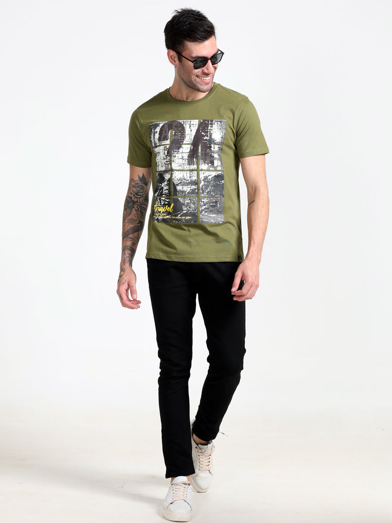 Travel Theme 24 Design Men's Olive Pure Cotton Twentee4 T-Shirt; Regular Fit