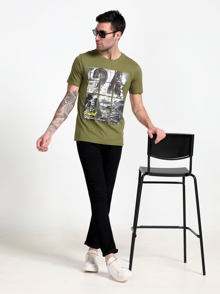 Travel Theme 24 Design Men's Olive Pure Cotton Twentee4 T-Shirt; Regular Fit