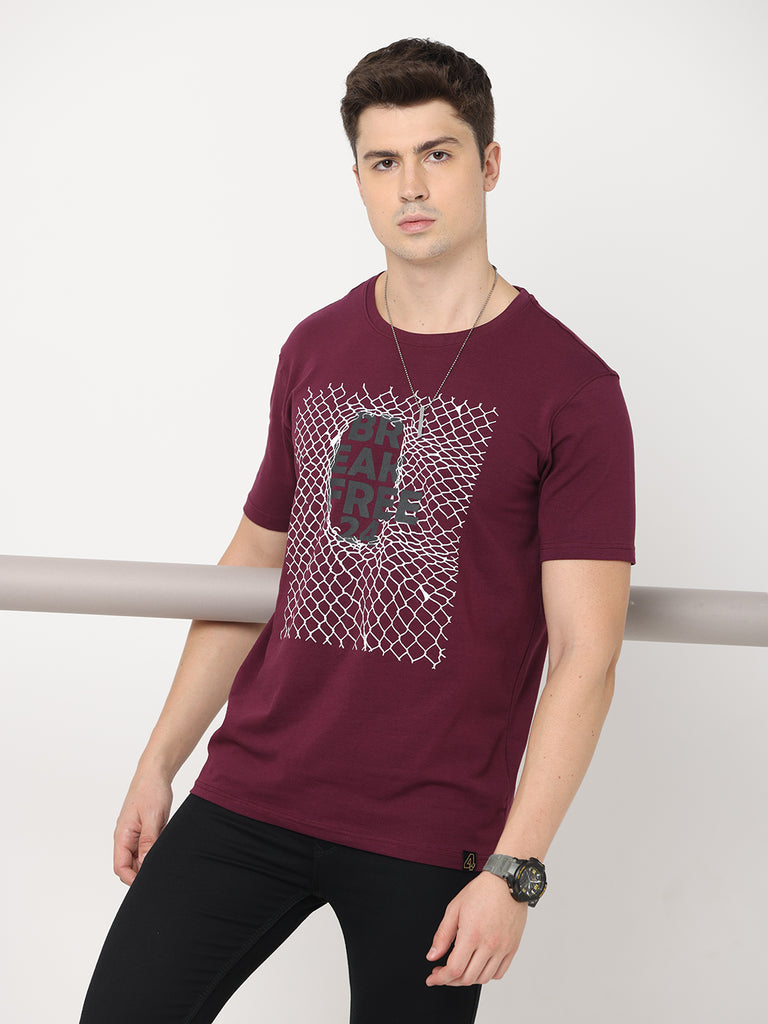 Break Free; Twentee4 Men's Premium Cotton Lycra T-Shirt; Grape Wine Regular Fit - Twentee 4