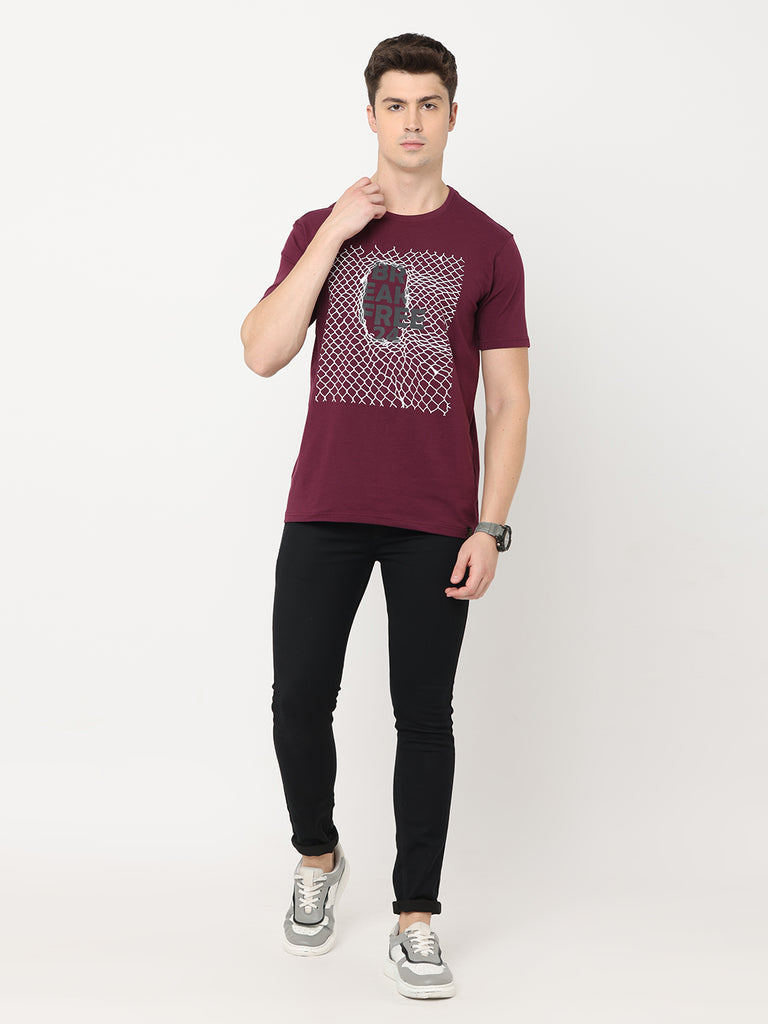 Break Free; Twentee4 Men's Premium Cotton Lycra T-Shirt; Grape Wine Regular Fit - Twentee 4