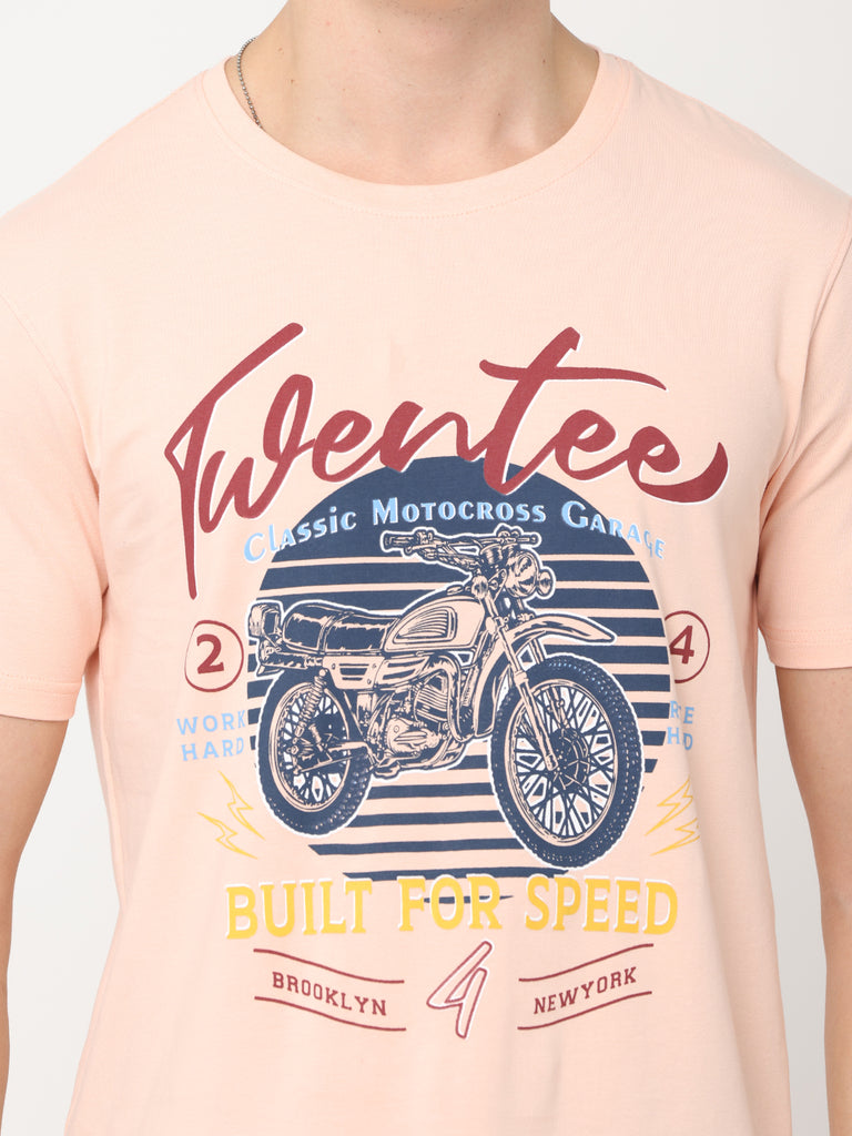 Classic Motocross - Built For Speed Bike Twentee4 Men's Premium Cotton Lycra Peach T-Shirt; Regular Fit - Twentee 4 design close up