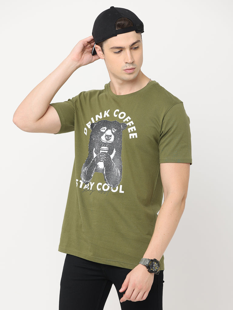 Coffee Bear - Drink Coffee and Stay Cool; Twentee4 Men's Olive Premium Pure Cotton T-Shirt; Regular Fit - Twentee 4 main image