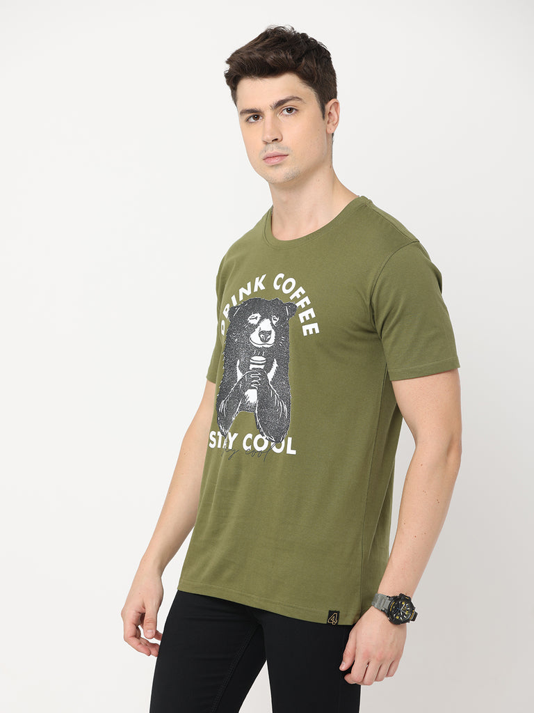 Coffee Bear - Drink Coffee and Stay Cool; Twentee4 Men's Olive Premium Pure Cotton T-Shirt; Regular Fit - Twentee 4 close up left