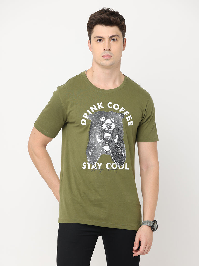 Coffee Bear - Drink Coffee and Stay Cool; Twentee4 Men's Olive Premium Pure Cotton T-Shirt; Regular Fit - Twentee 4 design close up