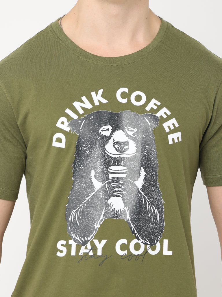 Coffee Bear - Drink Coffee and Stay Cool; Twentee4 Men's Olive Premium Pure Cotton T-Shirt; Regular Fit - Twentee 4 zoom in