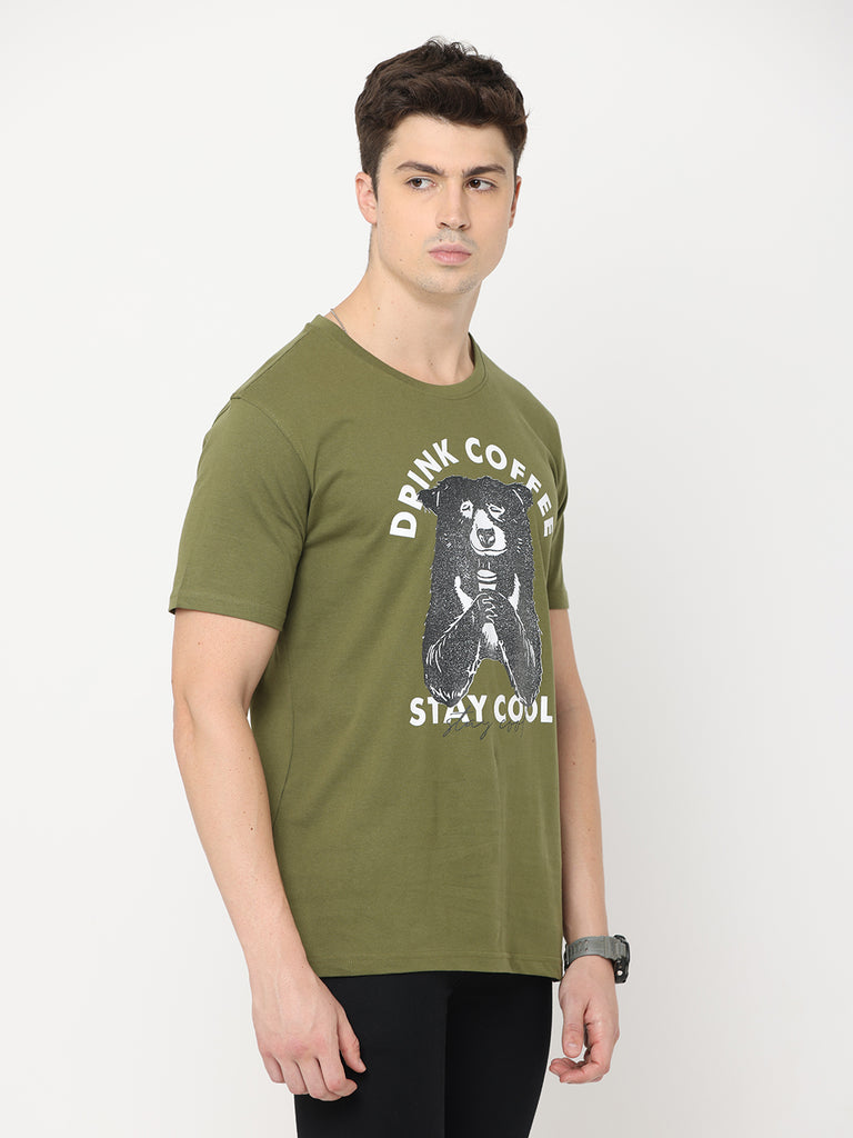 Coffee Bear - Drink Coffee and Stay Cool; Twentee4 Men's Olive Premium Pure Cotton T-Shirt; Regular Fit - Twentee 4 close up right