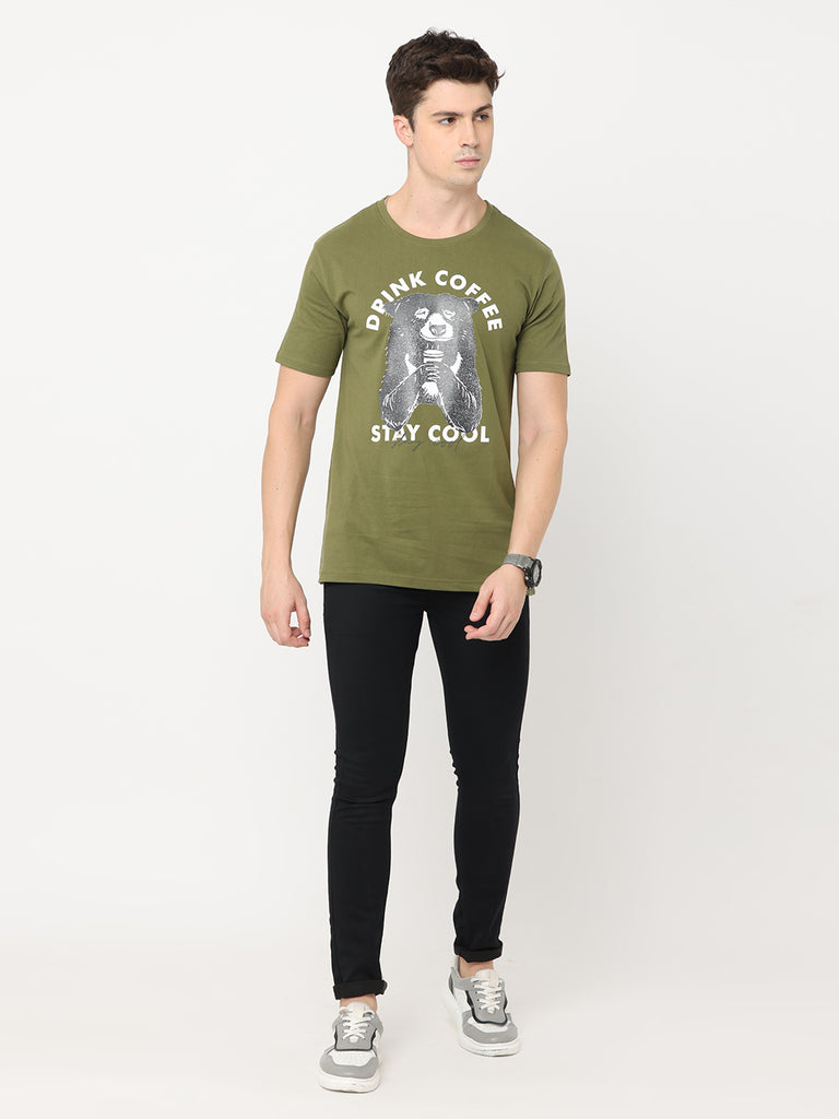 Coffee Bear - Drink Coffee and Stay Cool; Twentee4 Men's Olive Premium Pure Cotton T-Shirt; Regular Fit - Twentee 4 zoom out