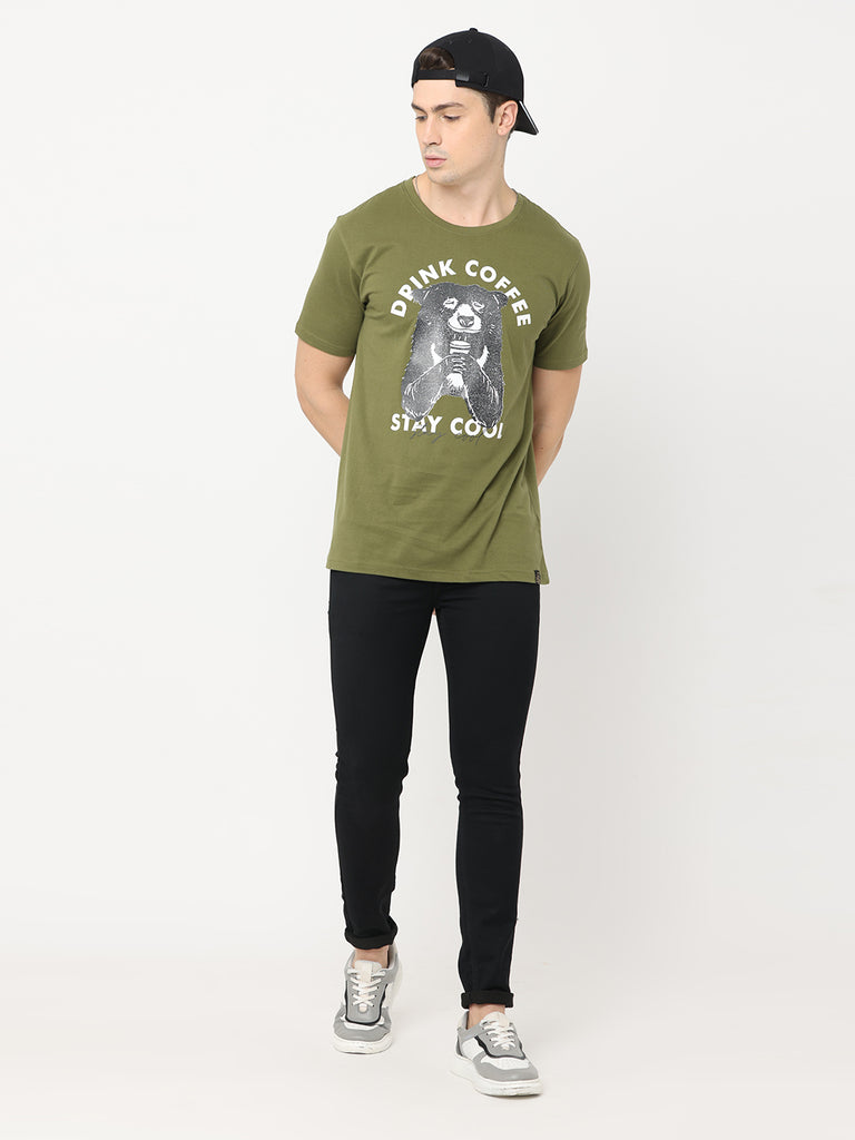 Coffee Bear - Drink Coffee and Stay Cool; Twentee4 Men's Olive Premium Pure Cotton T-Shirt; Regular Fit - Twentee 4 zoom in