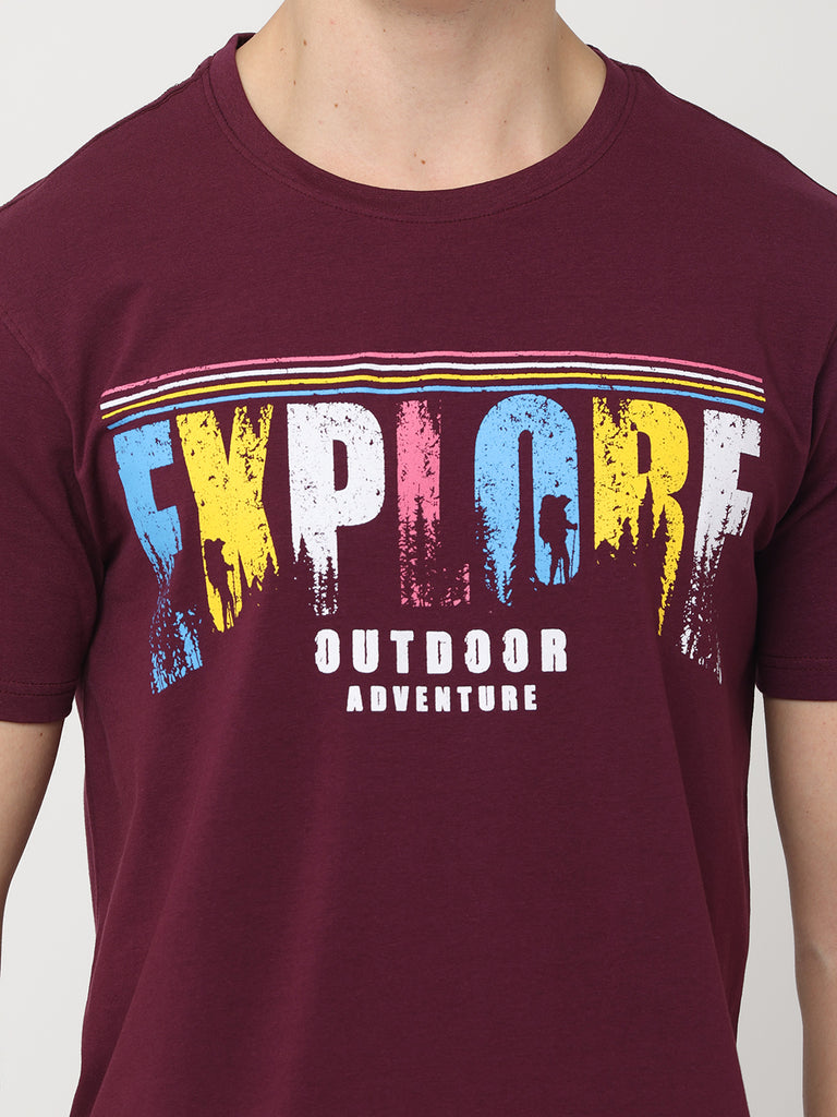 Explore Outdoor Adventure Grape Wine Twentee4 Men's Premium Cotton Lycra T-Shirt; Regular Fit - Twentee 4 design close up