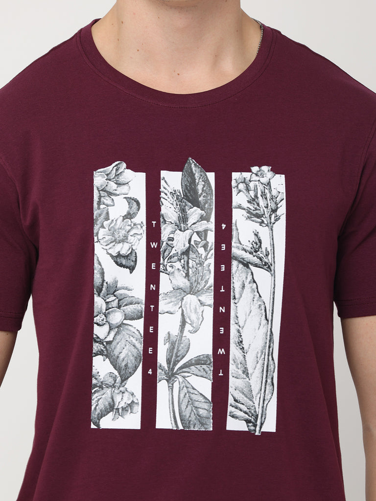 Floral Twentee 4 Design Men's Grape Wine Premium Cotton Lycra T-Shirt; Regular Fit design close up