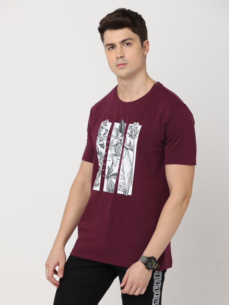 Floral Twentee 4 Design Men's Grape Wine Premium Cotton Lycra T-Shirt; Regular Fit left zoom