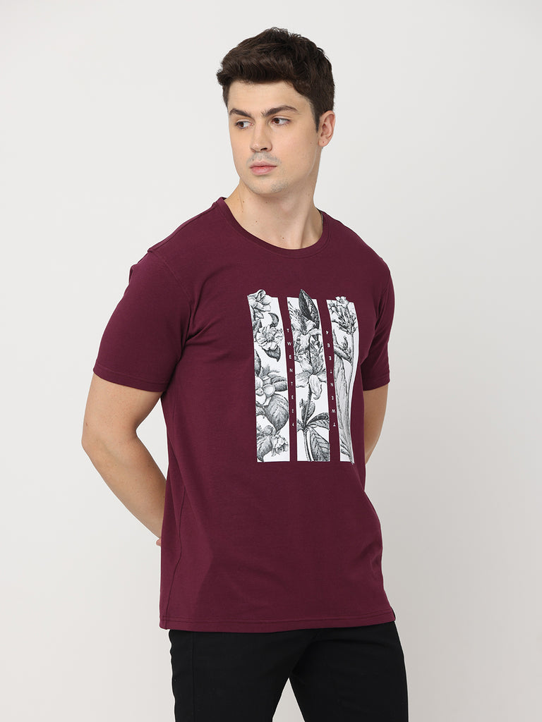 Floral Twentee 4 Design Men's Grape Wine Premium Cotton Lycra T-Shirt; Regular Fit right zoom