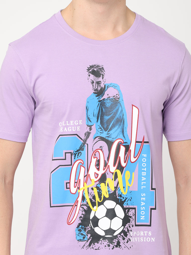 Goal Time Football 24 Design Twentee4 Men's Lilac Premium T-Shirt; Pure Cotton Regular Fit - Twentee 4 front design close up