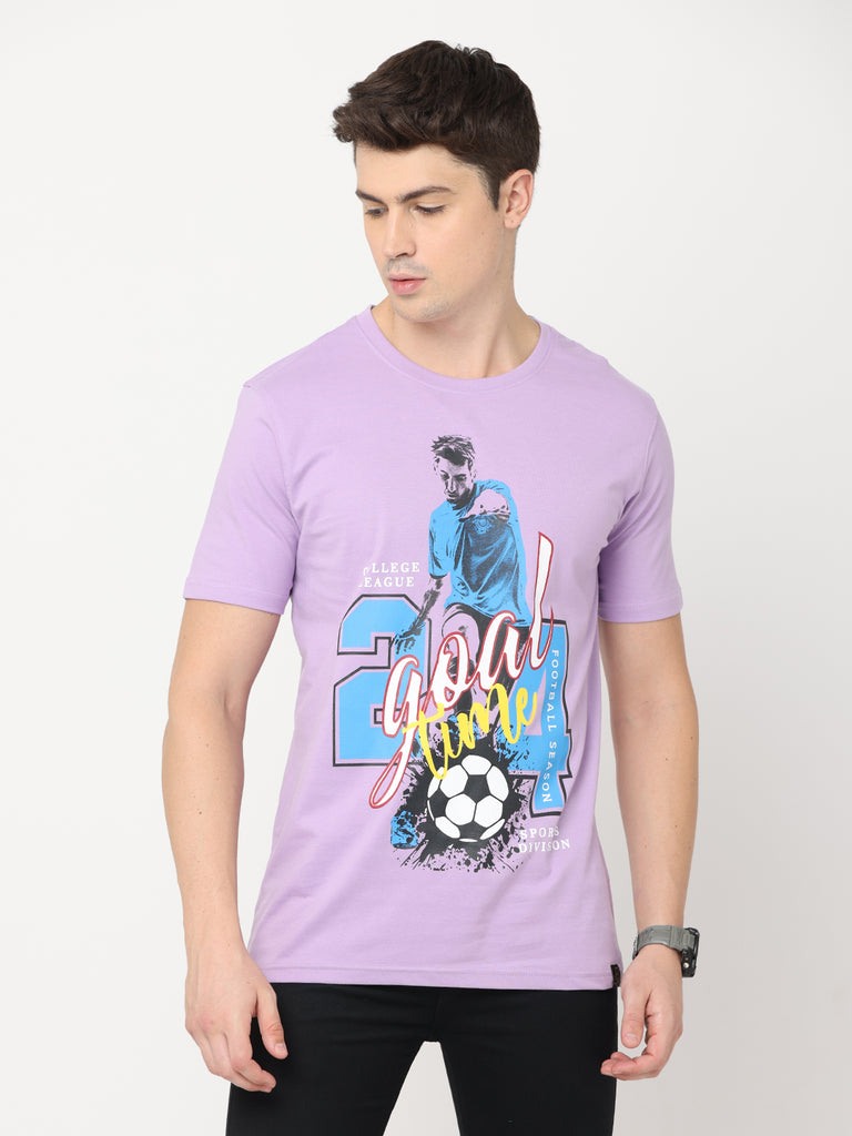 Goal Time Football 24 Design Twentee4 Men's Lilac Premium T-Shirt; Pure Cotton Regular Fit - Twentee 4 front close up