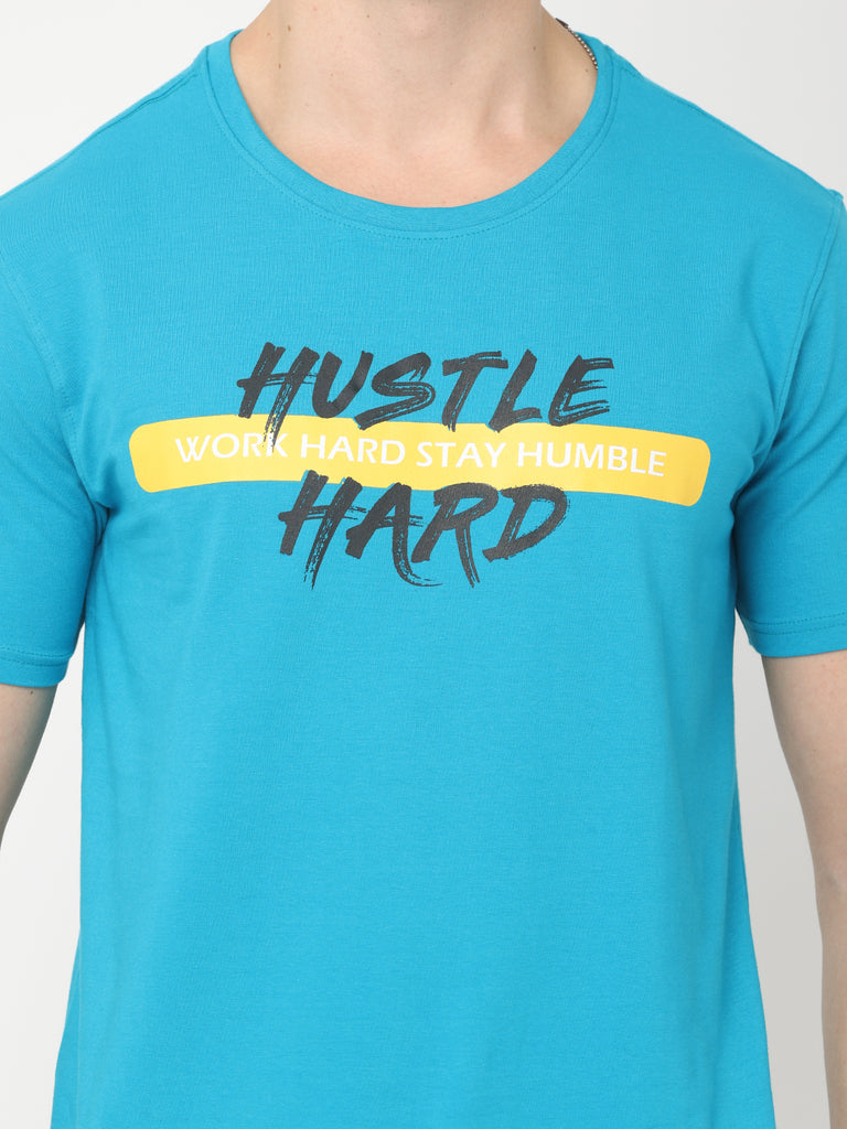 Hustle Hard - Work Hard Stay Humble; Teal Twentee4 Men's Premium Cotton Lycra T-Shirt; Regular Fit - Twentee 4 front design close up