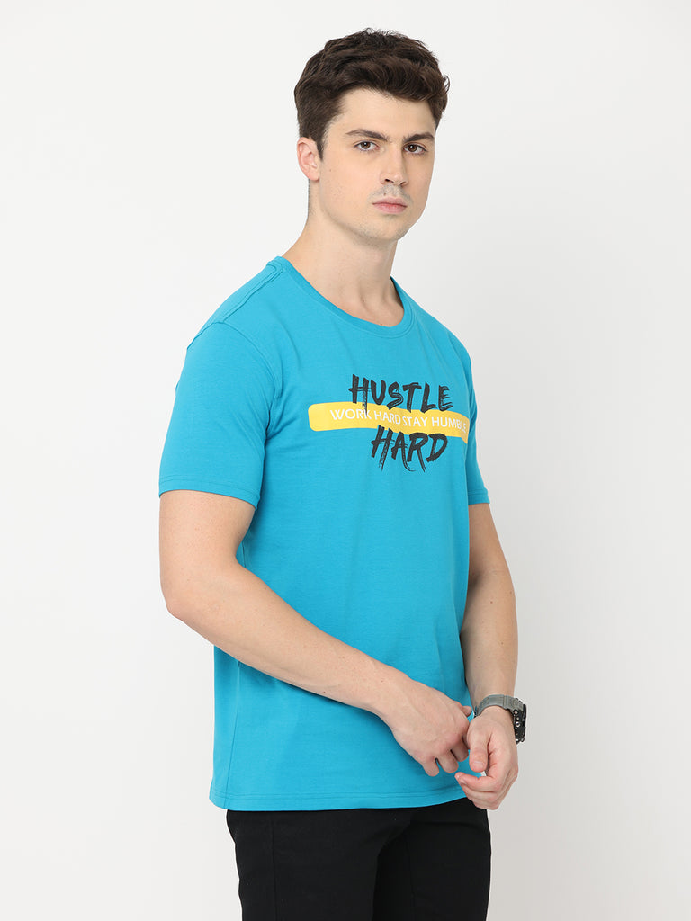 Hustle Hard - Work Hard Stay Humble; Teal Twentee4 Men's Premium Cotton Lycra T-Shirt; Regular Fit - Twentee 4 right zoom in