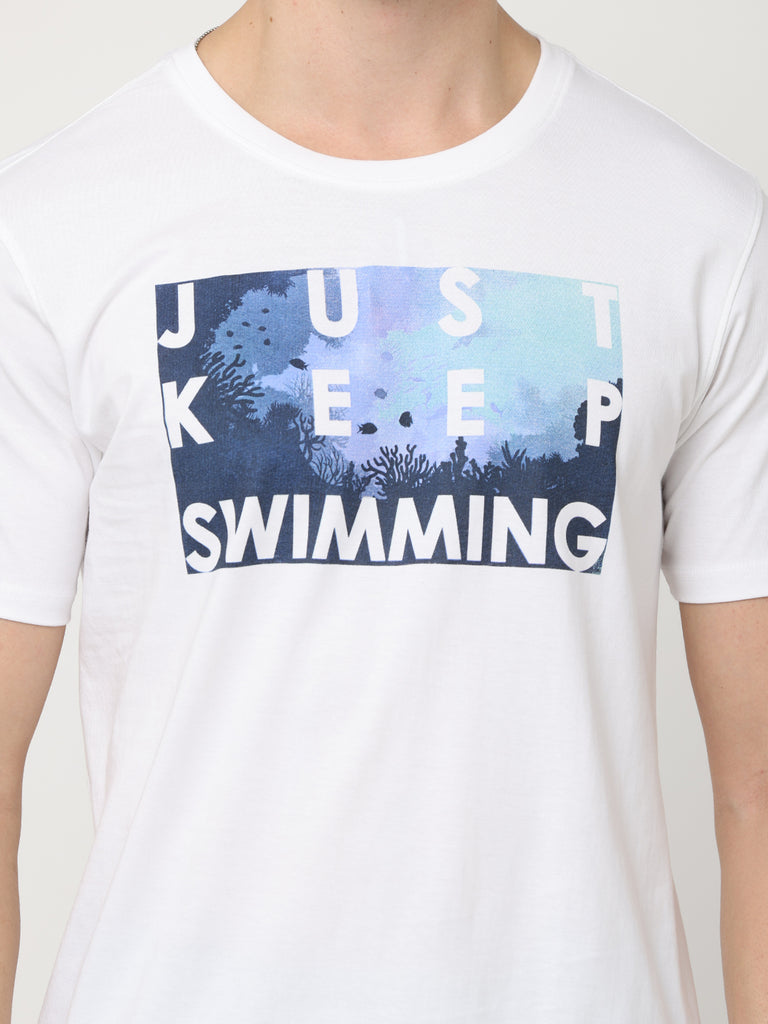 Just Keep Swimming; Twentee4 Men's White Color Pure Premium Cotton T-Shirt; Regular Fit - Twentee 4 front design close up