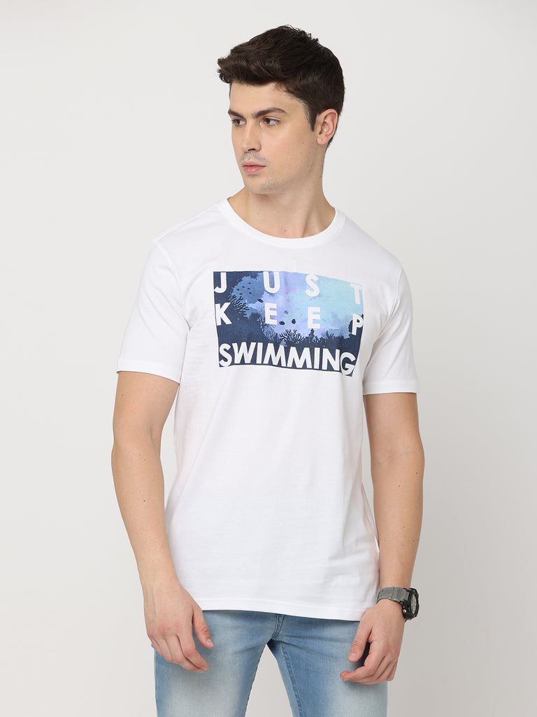 Just Keep Swimming; Twentee4 Men's White Color Pure Premium Cotton T-Shirt; Regular Fit - Twentee 4 front close up