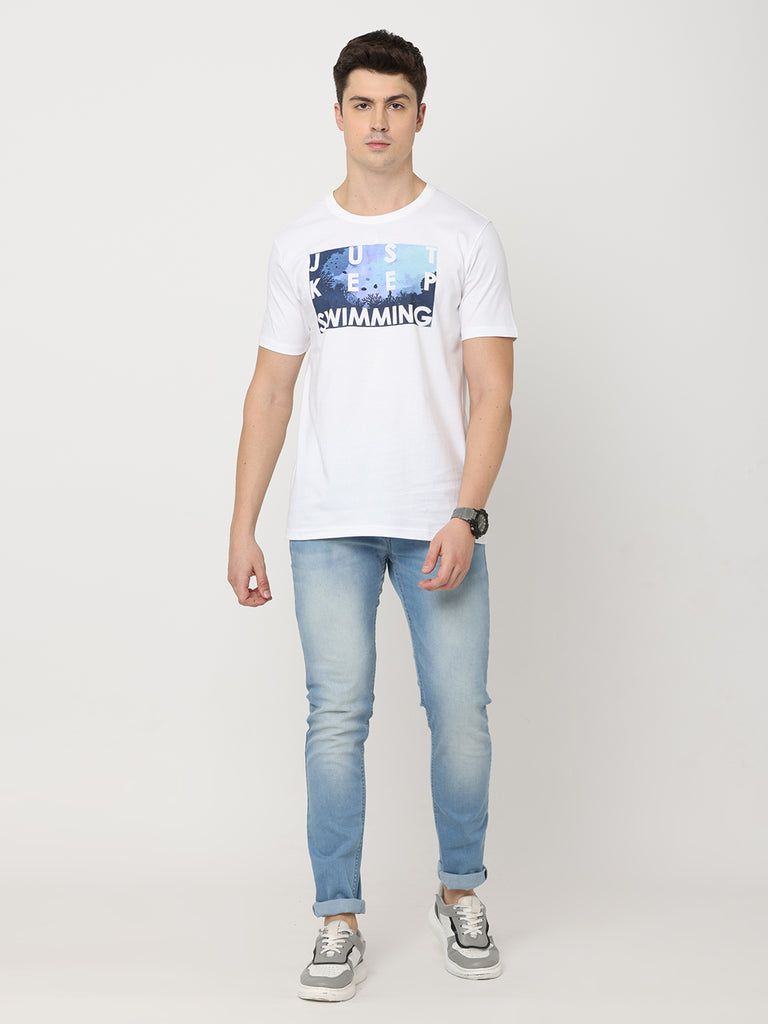 Just Keep Swimming; Twentee4 Men's White Color Pure Premium Cotton T-Shirt; Regular Fit - Twentee 4 front full design image