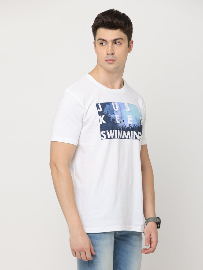 Just Keep Swimming; Twentee4 Men's White Color Pure Premium Cotton T-Shirt; Regular Fit - Twentee 4 right zoom in