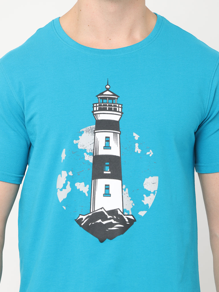 Light House Teal Color Twentee4 Men T-short, Regular Fit, Premium Cotton Lycra - Twentee 4 front design close up