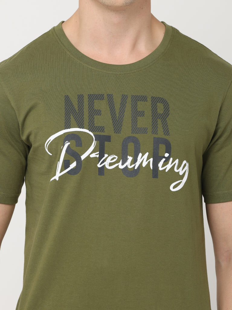 Never Stop Dreaming; Twentee4 Men's Premium Pure Cotton Olive T-Shirt; Regular Fit - Twentee 4 front design close up