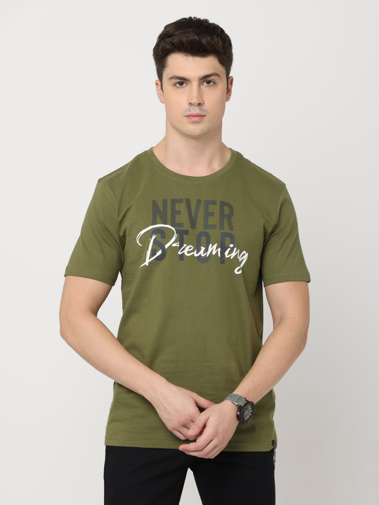Never Stop Dreaming; Twentee4 Men's Premium Pure Cotton Olive T-Shirt; Regular Fit - Twentee 4 front view