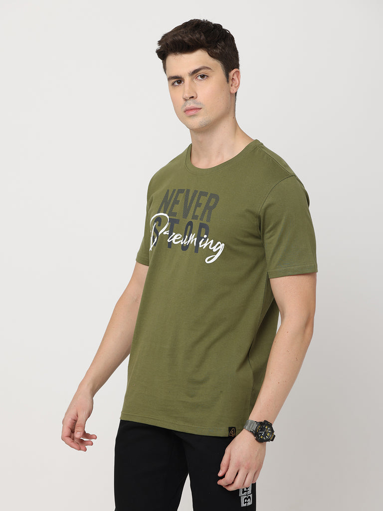 Never Stop Dreaming; Twentee4 Men's Premium Pure Cotton Olive T-Shirt; Regular Fit - Twentee 4 left zoom