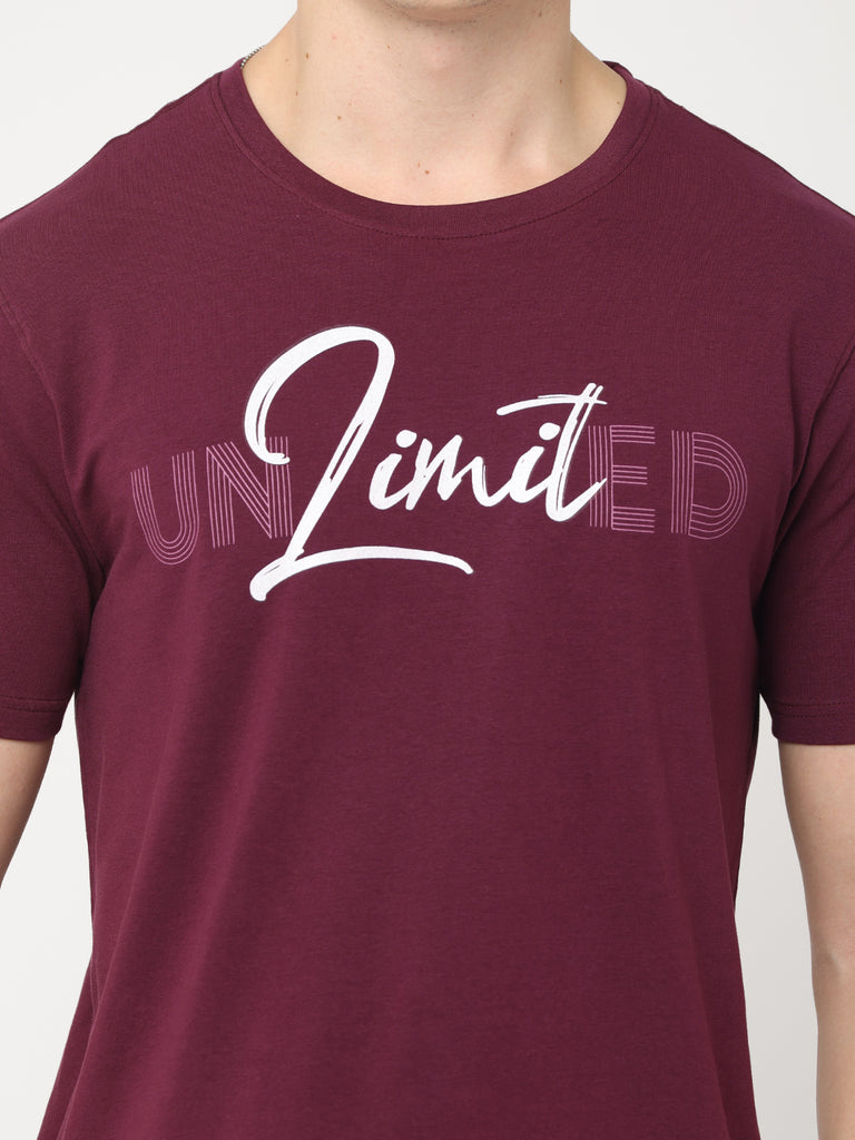 Unlimited; Grape Wine Cotton Lycra Premium Twentee4 Men's T-shirt; Regular Fit - Twentee 4 front design close up