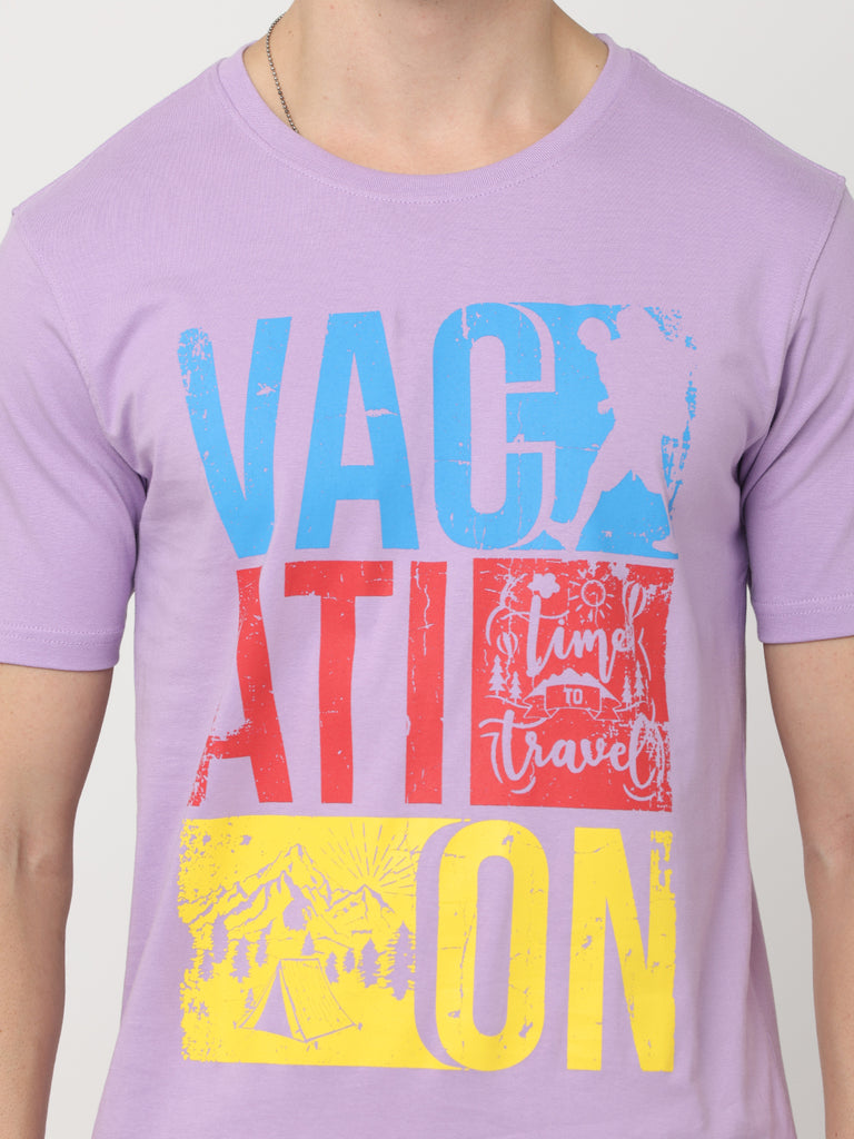 Vacation Time to Travel Premium Twentee4 Men's Lilac Pure Cotton T-Shirt Regular Fit - Twentee 4 front design close up