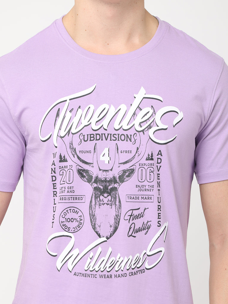 Wilderness Adventures Theme Twentee4 Design Men's Lilac Pure Cotton Premium T-Shirt; Regular Fit - Twentee 4 front design close up